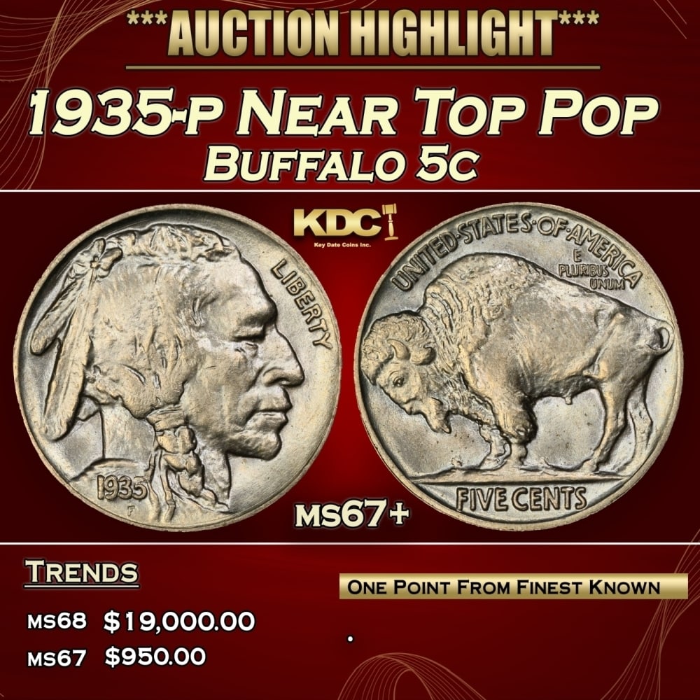 1935-p Buffalo Nickel Near Top Pop 5c ms67+ SEGS: 1935-p Near Top Pop Buffalo Nickel 5c ms67+ SEGS. 0