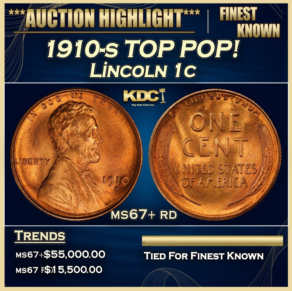 1910-s Lincoln Cent TOP POP! 1c ms67+ rd SEGS: 1910-s TOP POP! Lincoln Cent 1c ms67+ rd SEGS. Semi Key Date. Per David Hall of PCGS "The 1910-s has long been considered a semi-key date in circulated grades" 0
