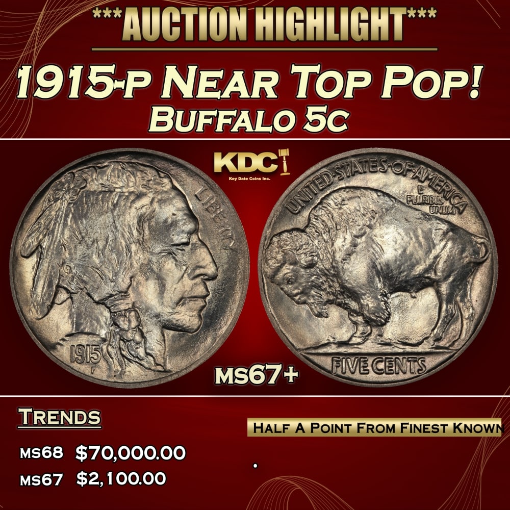 1915-p Buffalo Nickel Near Top Pop! 5c ms67+ SEGS: 1915-p Near Top Pop! Buffalo Nickel 5c ms67+ SEGS. 0