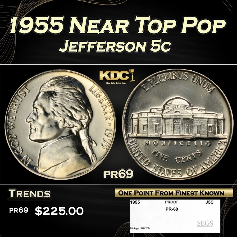 1955 Proof Jefferson Nickel Near Top Pop 5c pr69 SEGS: 1955 Near Top Pop Jefferson Nickel 5c pr69 SEGS. 0