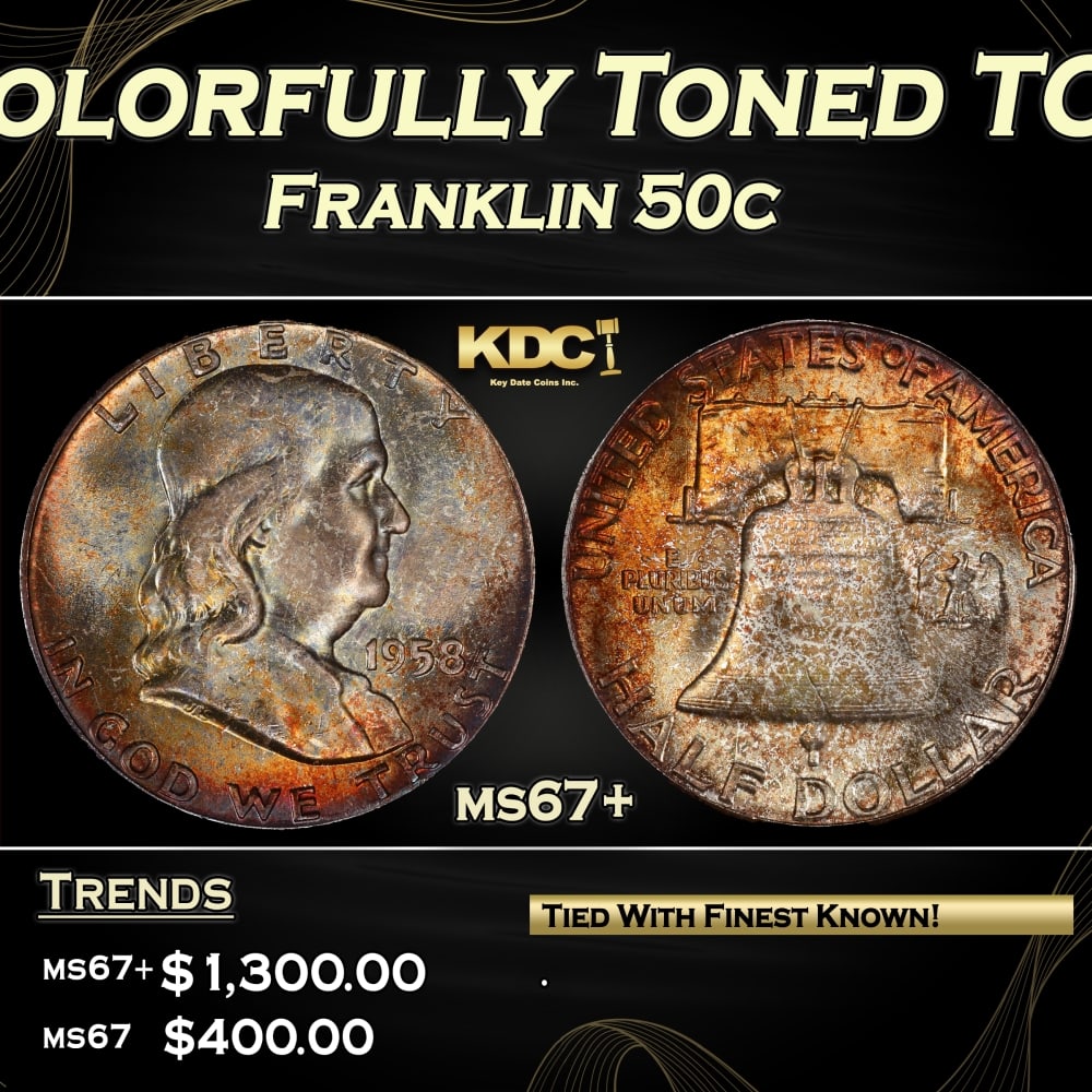 1958-p Franklin Half Dollar Colorfully Toned TOP POP! 50c ms67+ SEGS: 1958-p Colorfully Toned TOP POP! Franklin Half Dollar 50c ms67+ SEGS. 0