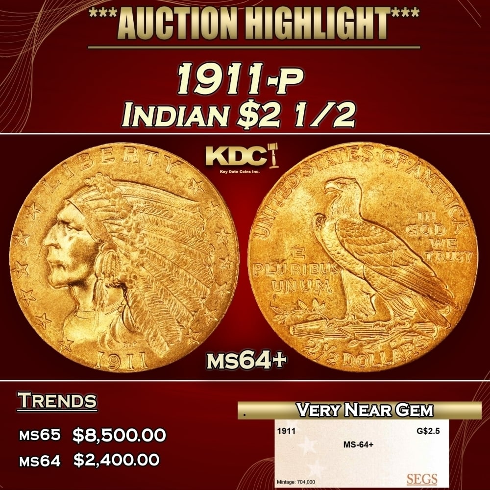 1911-p Gold Indian Quarter Eagle $2 1/2 ms64+ SEGS: 1911-p Gold Indian Quarter Eagle $2 1/2 ms64+ SEGS. Historic precious metal trends is causing increased spot pricing by the day. On auctions with set openings, we are doing our best to have items pric