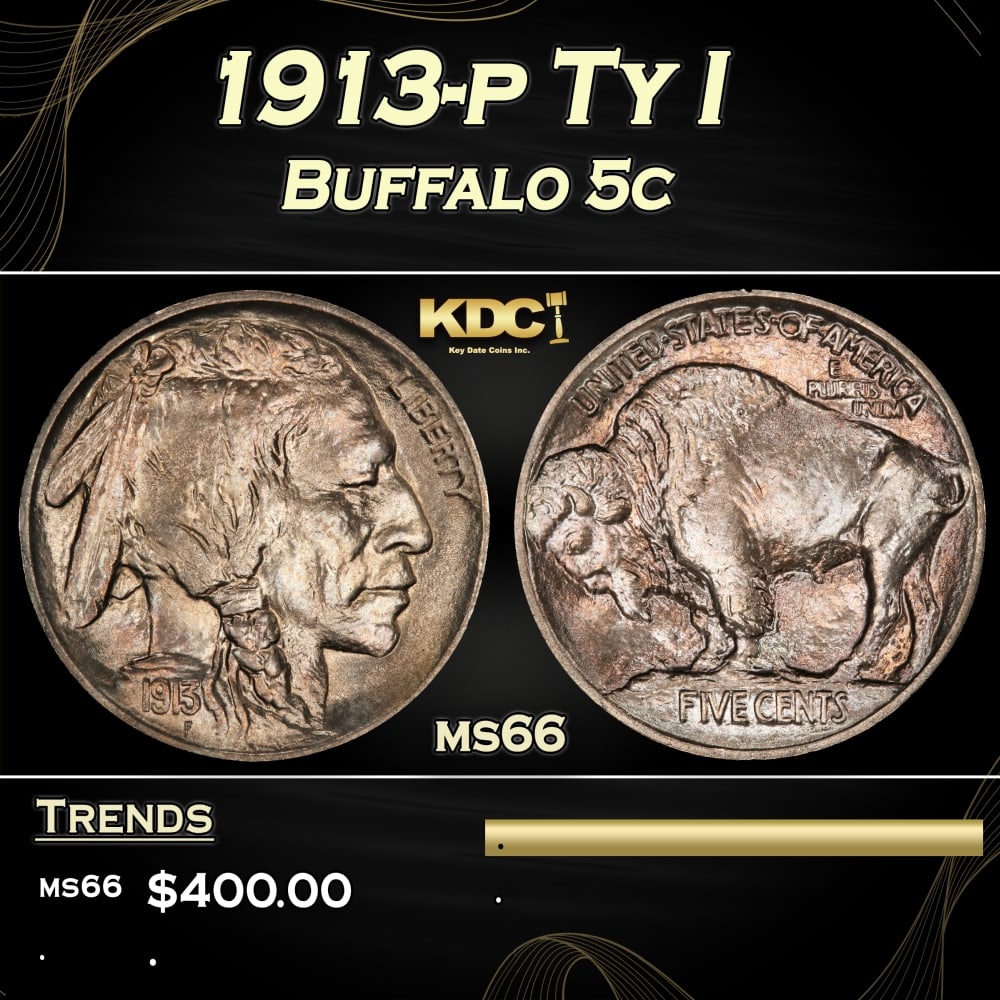 1913-p Ty I Buffalo Nickel 5c Grades ms66 (1 of 3)