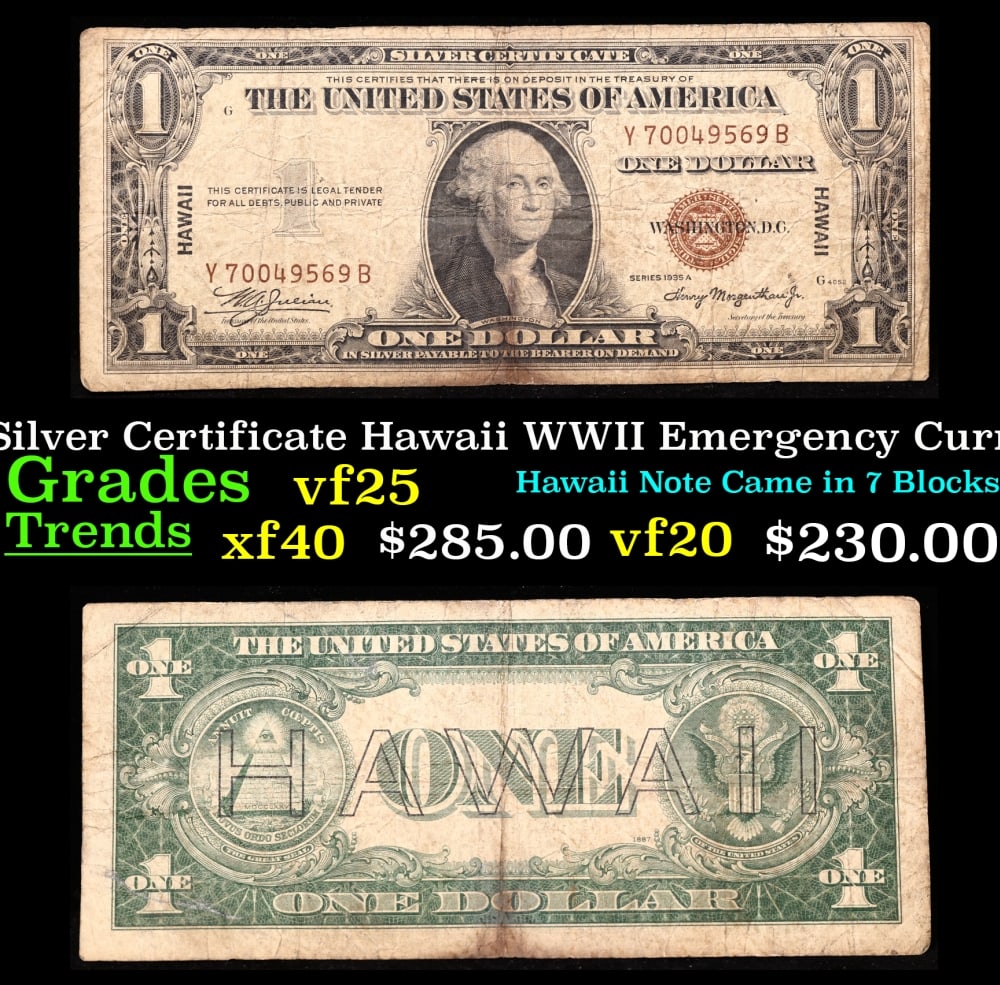 1935A $1 Silver Certificate Hawaii WWII Emergency Currency Rare YB Block Grades vf+: 1935A $1 Silver Certificate Hawaii WWII Emergency Currency Rare YB Block Grades vf+. FR-2300 The $1 Hawaii Note Came in 7 Blocks the SC Block Which is the most common, The LC, PC, CC, and YB Blocks ar