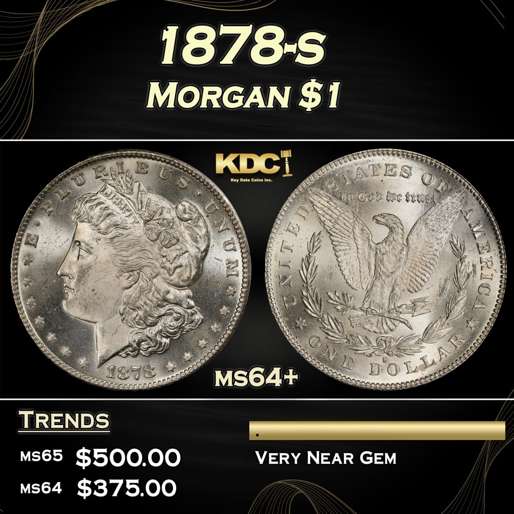 1878-s Morgan Dollar $1 Grades ms64+: 1878-s Morgan Dollar $1 Grades ms64+. Slightly better date. First year of issue. A Key Date's Pick, Bid to Win, Don't let it get Away Coin