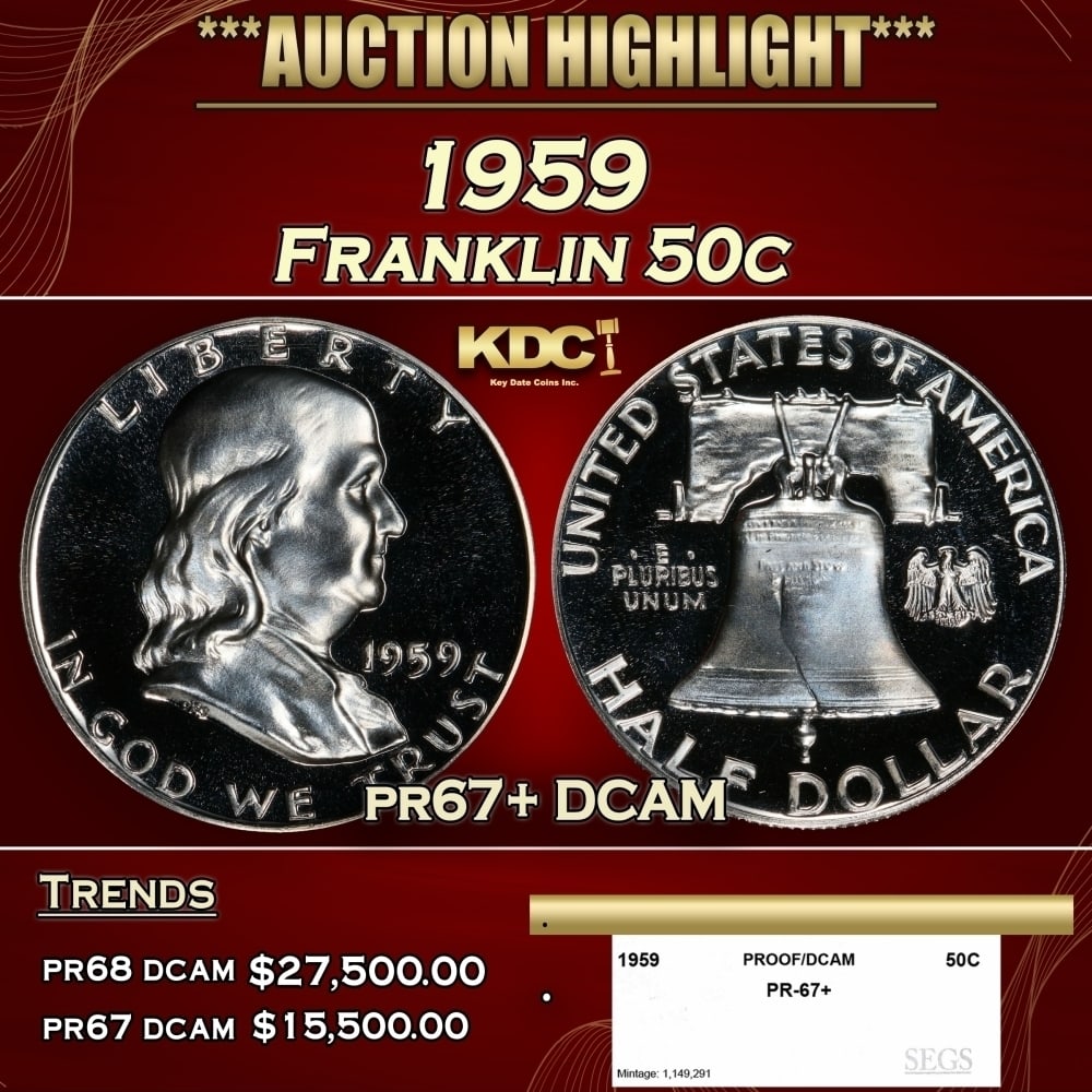 1959 Proof Franklin Half Dollar 50c pr67+ DCAM SEGS: 1959 Franklin Half Dollar 50c pr67+ DCAM SEGS. Historic precious metal trends is causing increased spot pricing by the day. On auctions with set openings, we are doing our best to have items priced at