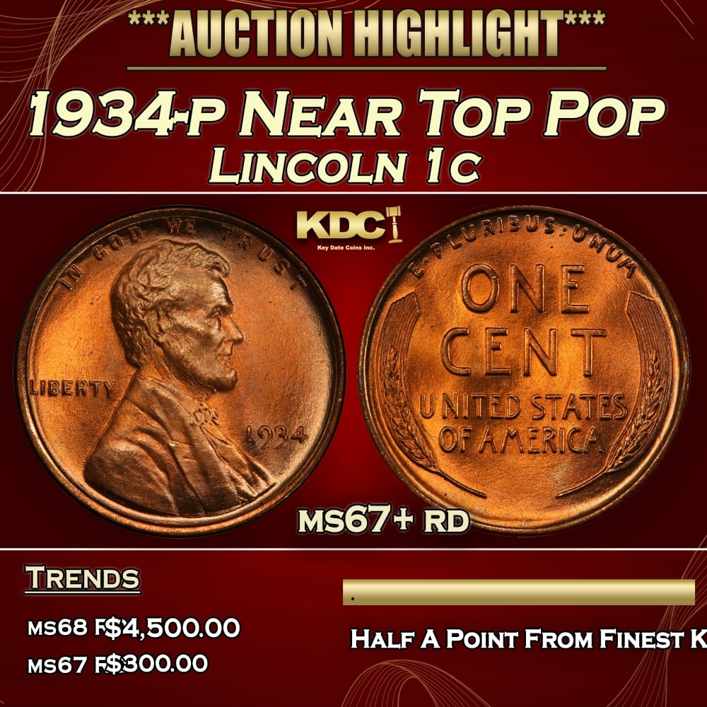 1934-p Lincoln Cent Near Top Pop 1c ms67+ rd SEGS (1 of 3)