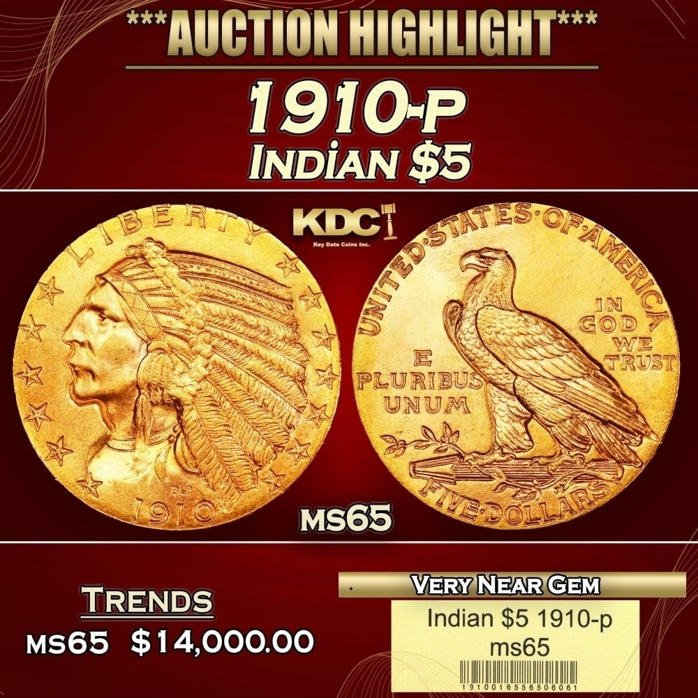 1910-p Gold Indian Half Eagle $5 ms64+ USCG: 1910-p Gold Indian Half Eagle $5 ms64+ USCG. Historic precious metal trends is causing increased spot pricing by the day. On auctions with set openings, we are doing our best to have items priced at t