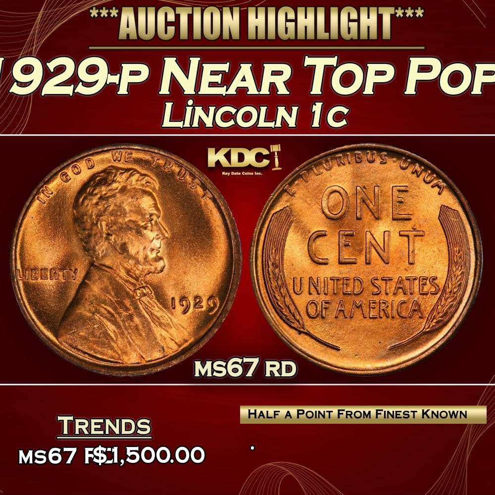 1929-p Lincoln Cent Near Top Pop! 1c ms67 rd SEGS: 1929-p Near Top Pop! Lincoln Cent 1c ms67 rd SEGS. 0