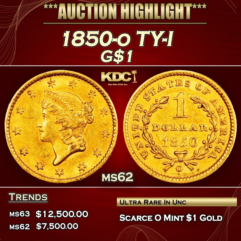 1850-o Gold Dollar TY-I $1 ms62 USCG: 1850-o TY-I Gold Dollar $1 ms62 USCG. A Key Date's Pick, Bid to Win, Don't let it get Away Coin