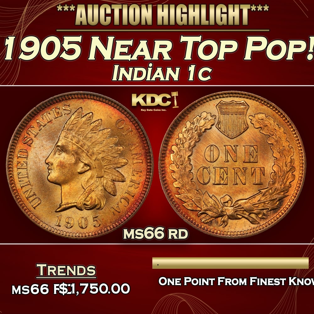 1905 Indian Cent Near Top Pop! 1c ms66 rd SEGS: 1905 Near Top Pop! Indian Cent 1c ms66 rd SEGS. 0