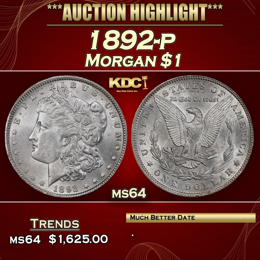 1892-p Morgan Dollar $1 ms64 SEGS: 1892-p Morgan Dollar $1 ms64 SEGS. 0