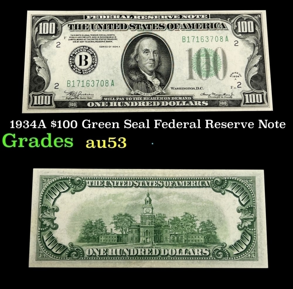 1934A $100 Green Seal Federal Reserve Note Grades Select AU: 1934A $100 Green Seal Federal Reserve Note Grades Select AU.