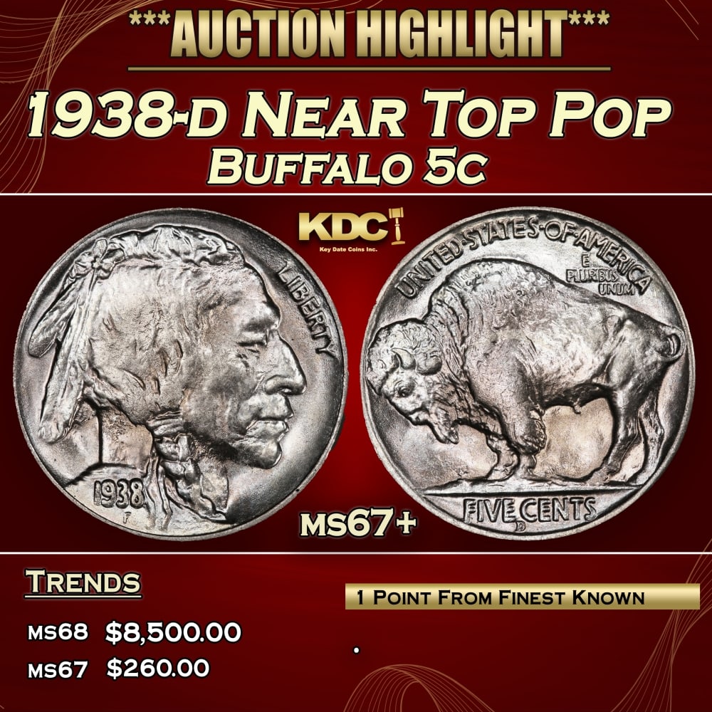 1938-d Buffalo Nickel Near Top Pop 5c ms67+ SEGS: 1938-d Near Top Pop Buffalo Nickel 5c ms67+ SEGS. 0