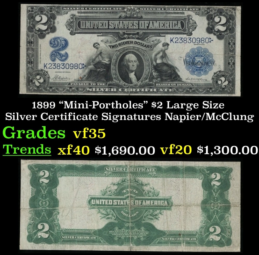 1899 Napier/McClung $2 Large Size Silver Certificate Grades vf++: 1899 Napier/McClung $2 Large Size Silver Certificate Grades vf++.
