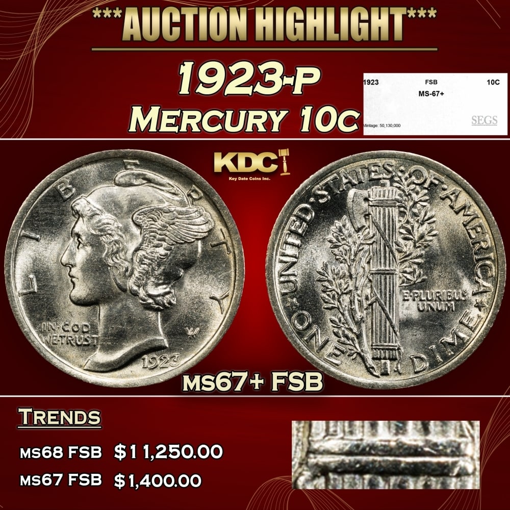 1923-p Mercury Dime 10c ms67+ FSB SEGS: 1923-p Mercury Dime 10c ms67+ FSB SEGS. 0