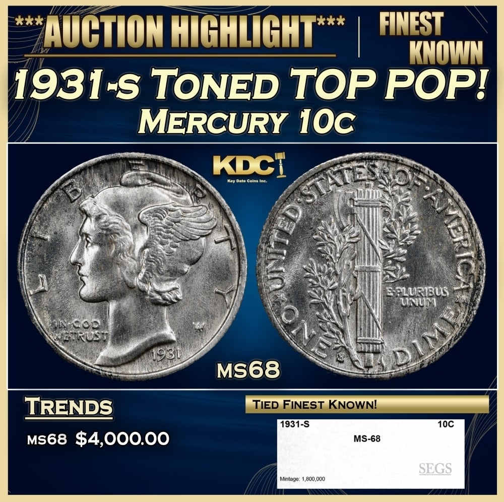 1931-s Mercury Dime Toned TOP POP! 10c ms68 SEGS: 1931-s Toned TOP POP! Mercury Dime 10c ms68 SEGS. 0