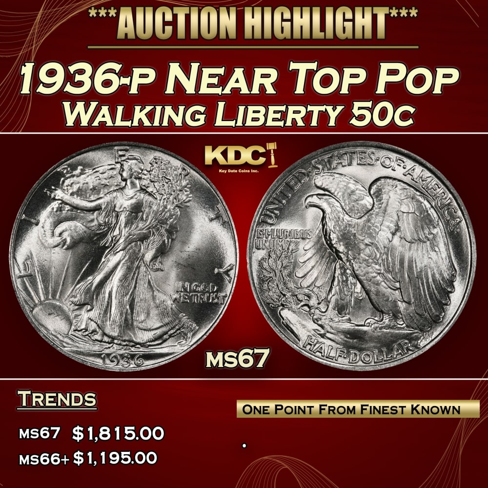 1936-p Walking Liberty Half Dollar Near Top Pop 50c ms67 SEGS: 1936-p Near Top Pop Walking Liberty Half Dollar 50c ms67 SEGS.