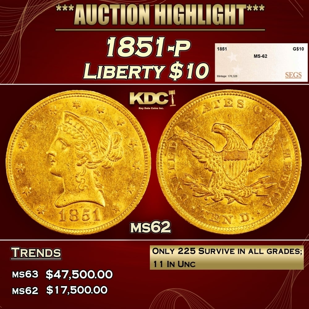 1851-p Gold Liberty Eagle $10 ms62 SEGS: 1851-p Gold Liberty Eagle $10 ms62 SEGS. 0 Per David Akers of PCGS " This date is rare and underrated in all grades. Strictly uncirculated examples are very rare and most available specimens grade onl