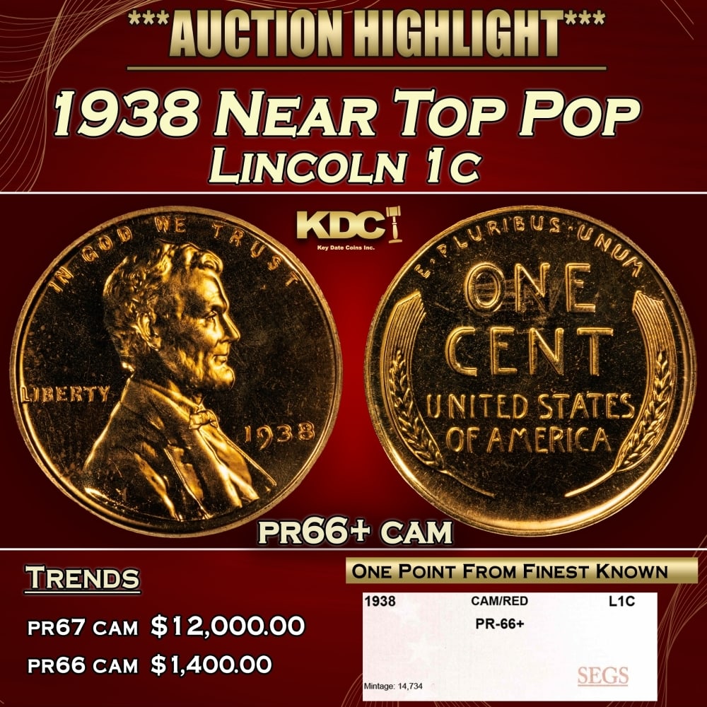 1938 Proof Lincoln Cent Near Top Pop 1c pr66+ cam SEGS: 1938 Near Top Pop Lincoln Cent 1c pr66+ cam SEGS. 0
