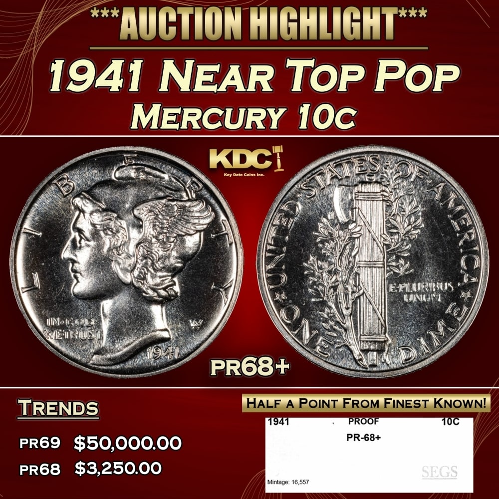 1941 Proof Mercury Dime Near Top Pop 10c pr68+ SEGS: 1941 Near Top Pop Mercury Dime 10c pr68+ SEGS. 0