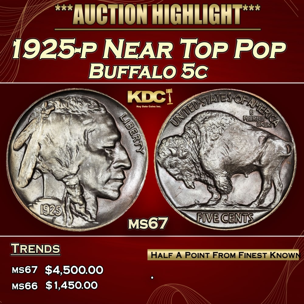 1925-p Buffalo Nickel Near Top Pop 5c ms67 SEGS: 1925-p Near Top Pop Buffalo Nickel 5c ms67 SEGS.