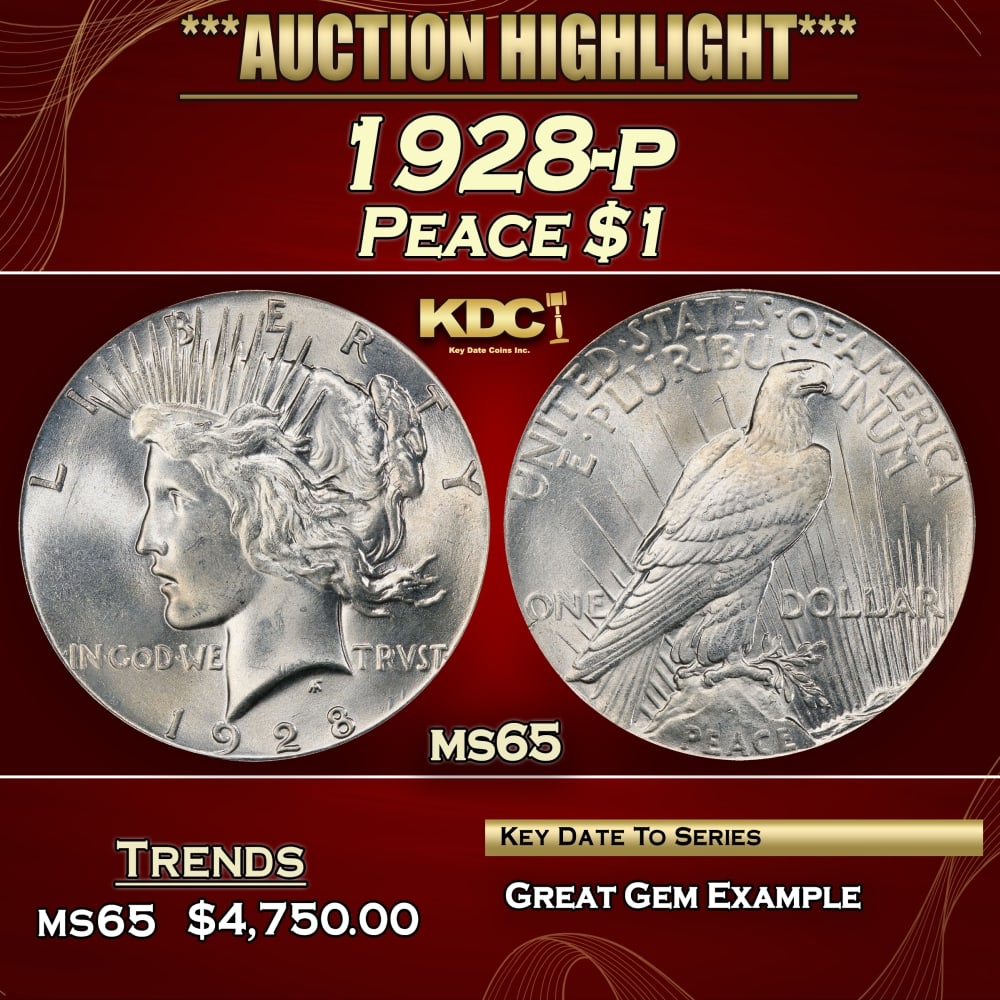 1928-p Peace Dollar $1 ms65 SEGS: 1928-p Peace Dollar $1 ms65 SEGS. Incredibly scarce date, lowest mintage in the entire Peace Dollar Series. Scarce in all grades. 0