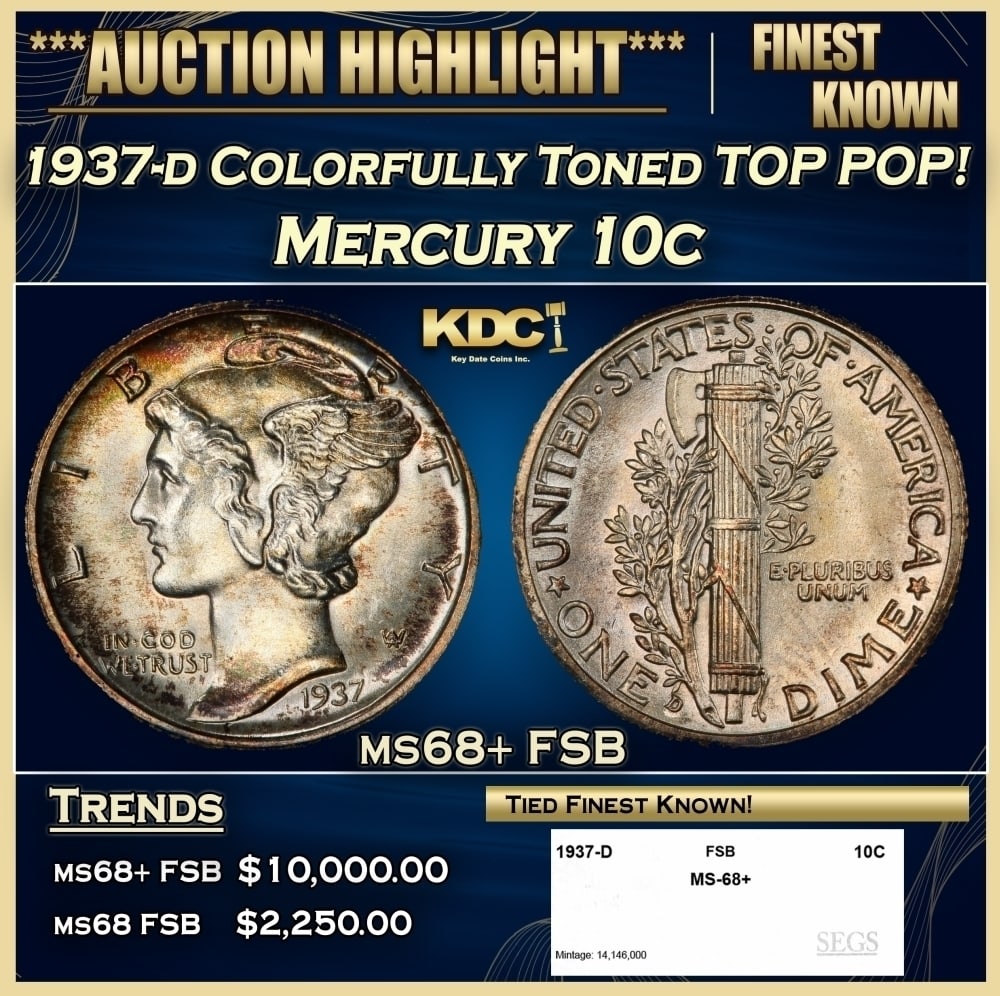 1937-d Mercury Dime Colorfully Toned TOP POP! 10c ms68+ FSB SEGS: 1937-d Colorfully Toned TOP POP! Mercury Dime 10c ms68+ FSB SEGS. 0