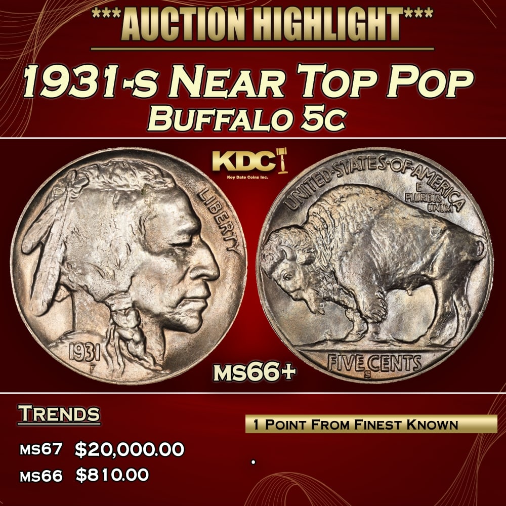 1931-s Buffalo Nickel Near Top Pop 5c ms66+ SEGS: 1931-s Near Top Pop Buffalo Nickel 5c ms66+ SEGS. 0
