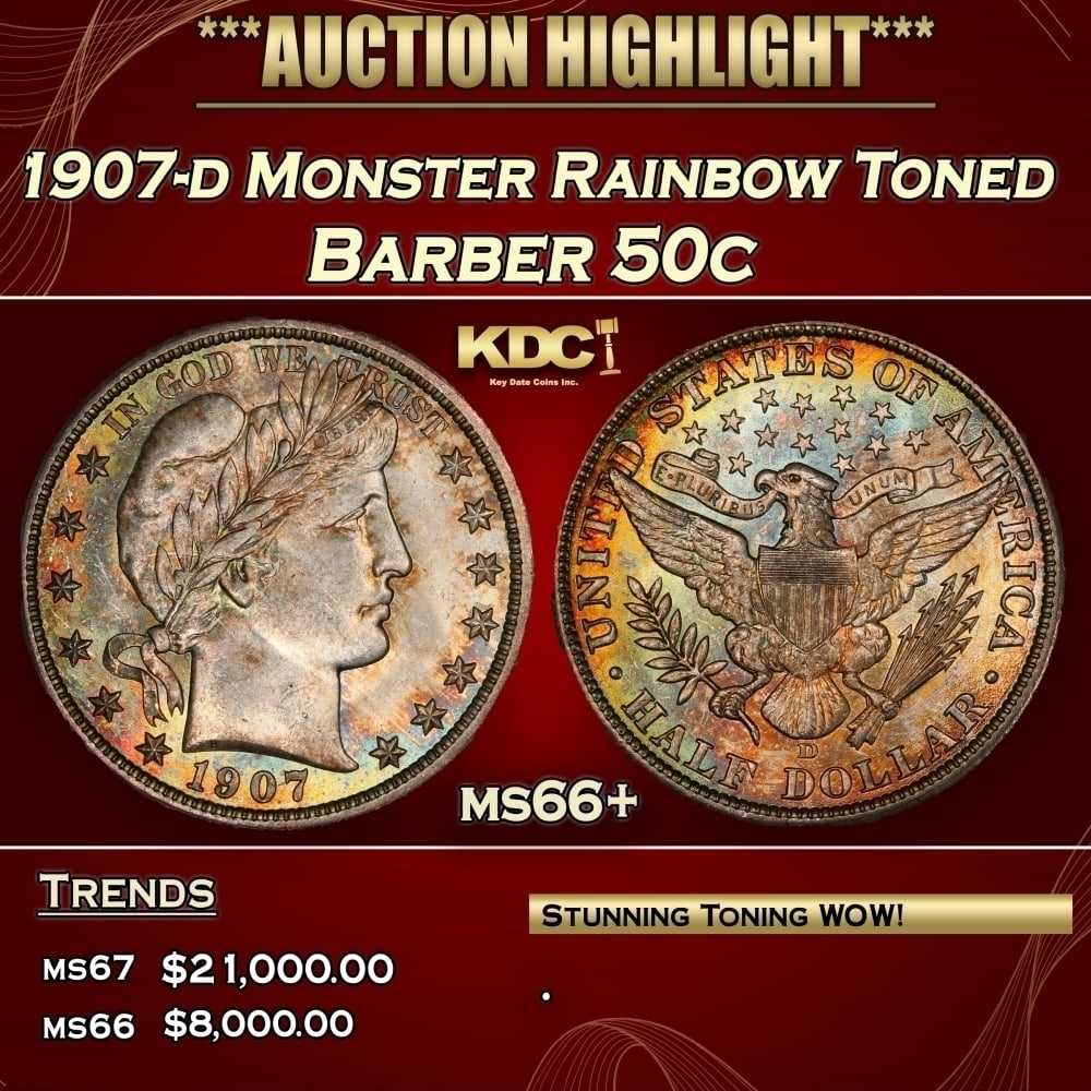 1907-d Barber Half Dollars Monster Rainbow Toned 50c ms66+ SEGS: 1907-d Monster Rainbow Toned Barber Half Dollars 50c ms66+ SEGS. 0 DISCOVERY OF THE GSA HOARDUntil 1964, people in the U.S could redeem silver certificate paper money for silver dollars.In 1963, the H