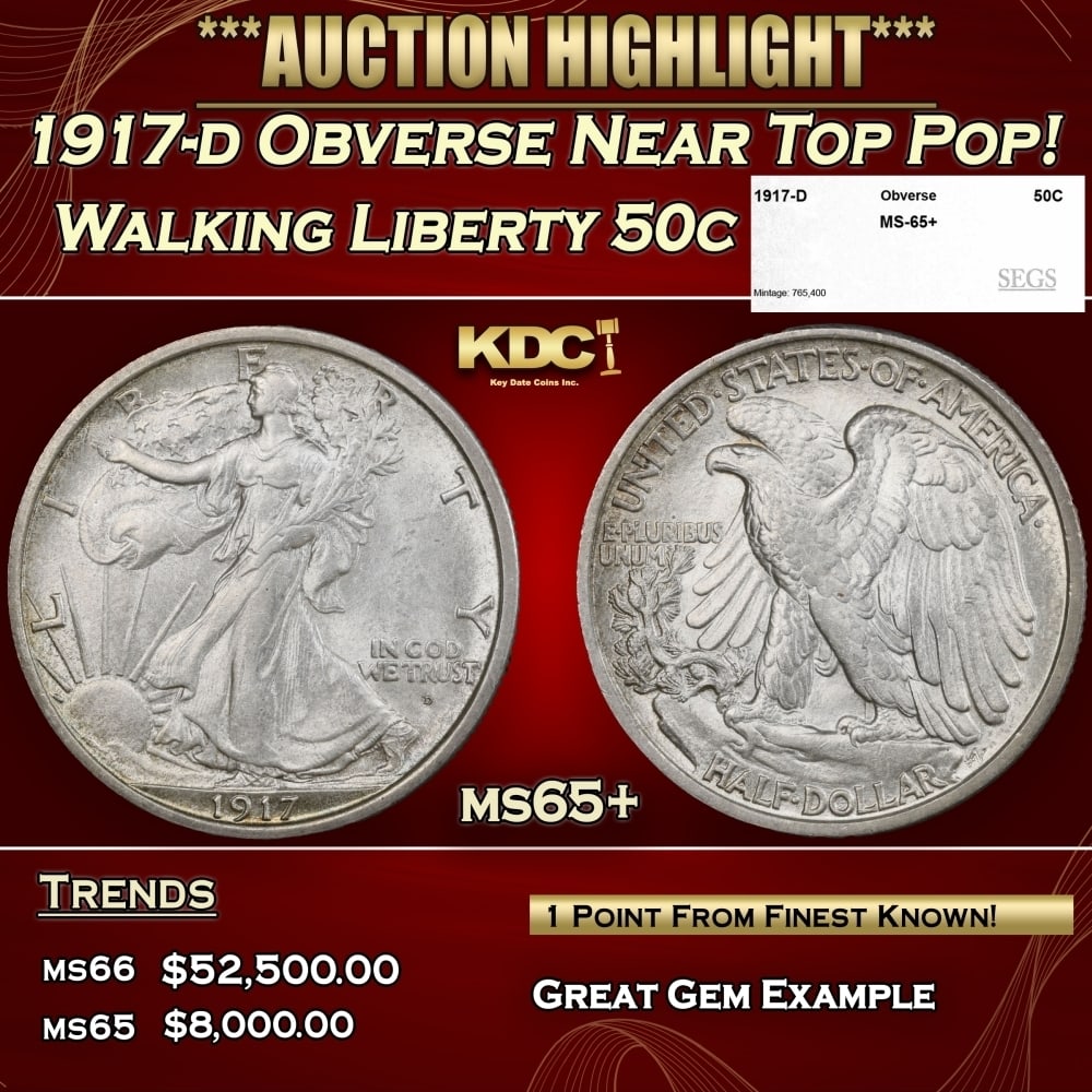 1917-d Obverse Walking Liberty Half Dollar Near Top Pop! 50c ms65+ SEGS: 1917-d Obverse Near Top Pop! Walking Liberty Half Dollar 50c ms65+ SEGS. 0