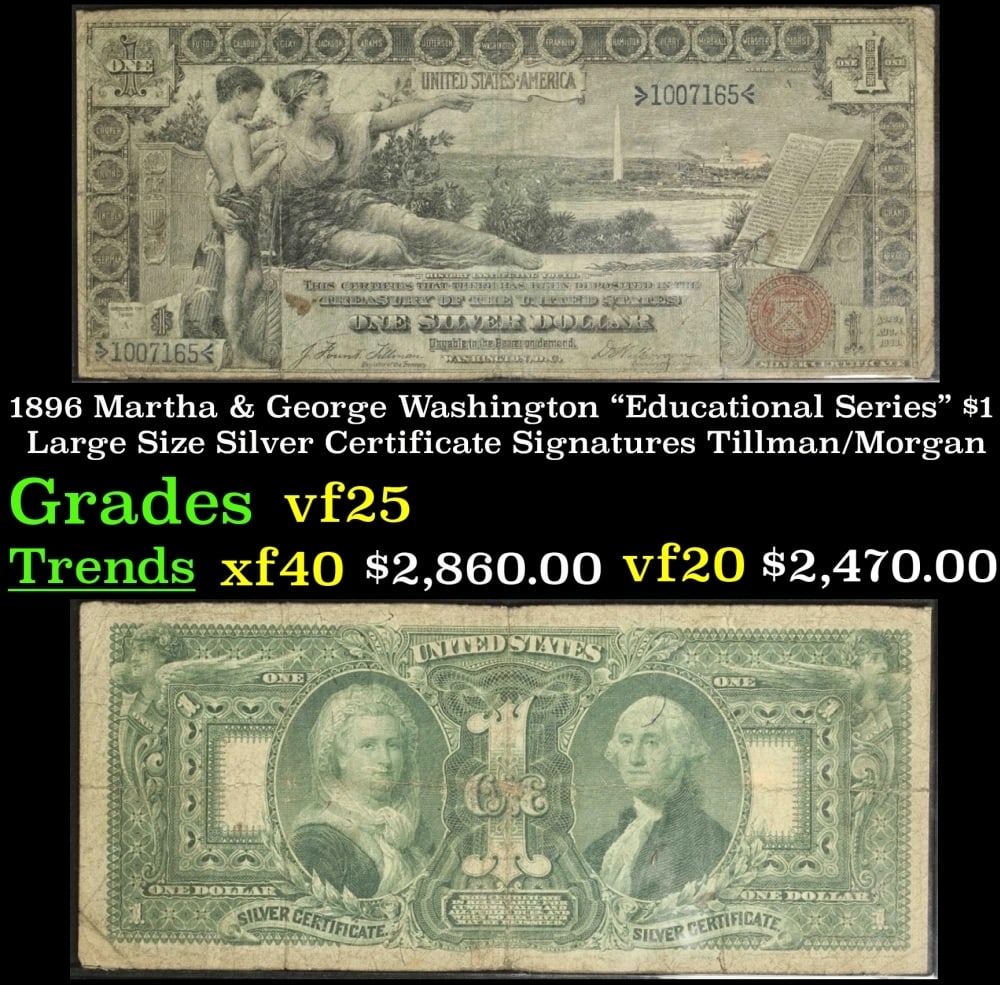 1896 Tillman/Morgan $1 large size Silver Certificate Grades vf+: 1896 Tillman/Morgan $1 large size Silver Certificate Grades vf+.