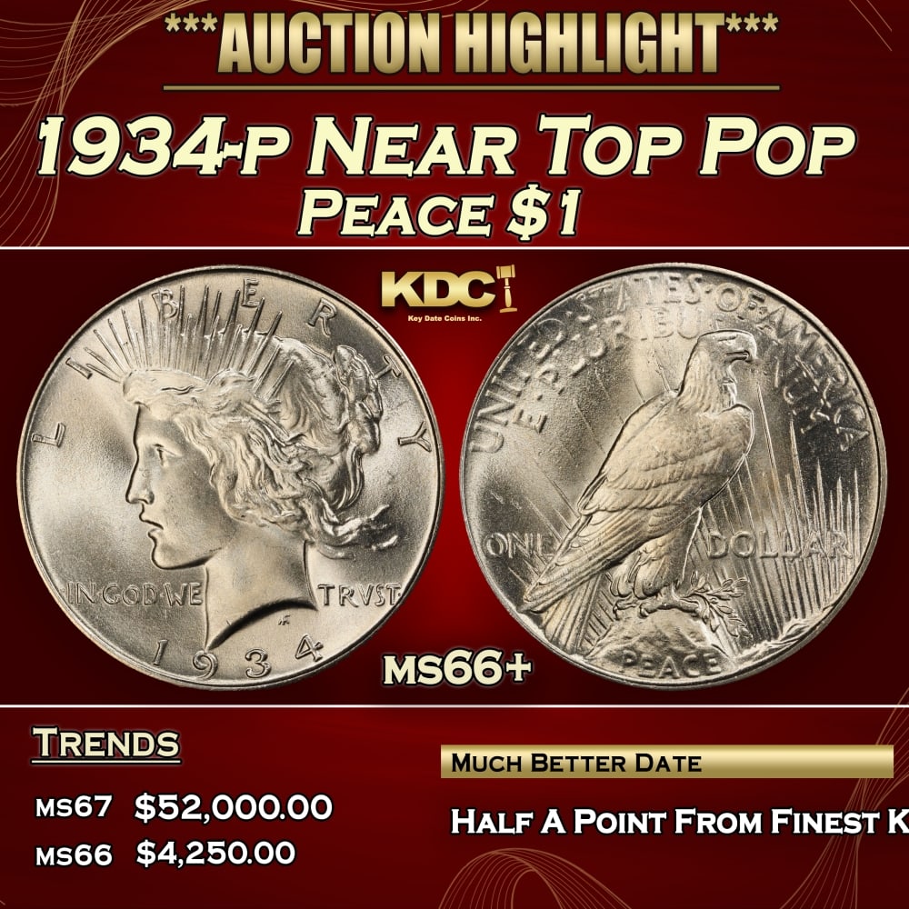 1934-p Peace Dollar Near Top Pop $1 ms66+ SEGS: 1934-p Near Top Pop Peace Dollar $1 ms66+ SEGS. 0