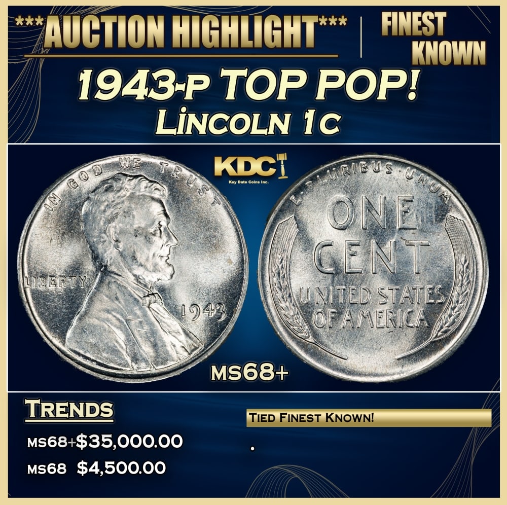 1943-p Lincoln Cent TOP POP! 1c ms68+ SEGS: 1943-p TOP POP! Lincoln Cent 1c ms68+ SEGS. One year type coin. The much heralded, "Steel" WWII cent. Great example of a favorite coin. The 1943-p Wartime issue Steel Cent. 0