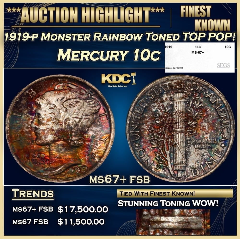 1919-p Mercury Dime Monster Rainbow Toned TOP POP! 10c ms67+ fsb SEGS (1 of 5)