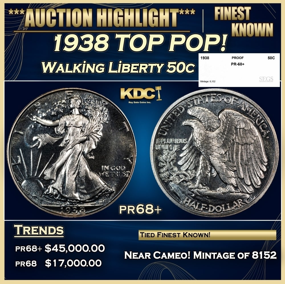 1938 Proof Walking Liberty Half Dollar TOP POP! 50c pr68+ SEGS: 1938 TOP POP! Walking Liberty Half Dollar 50c pr68+ SEGS. 0