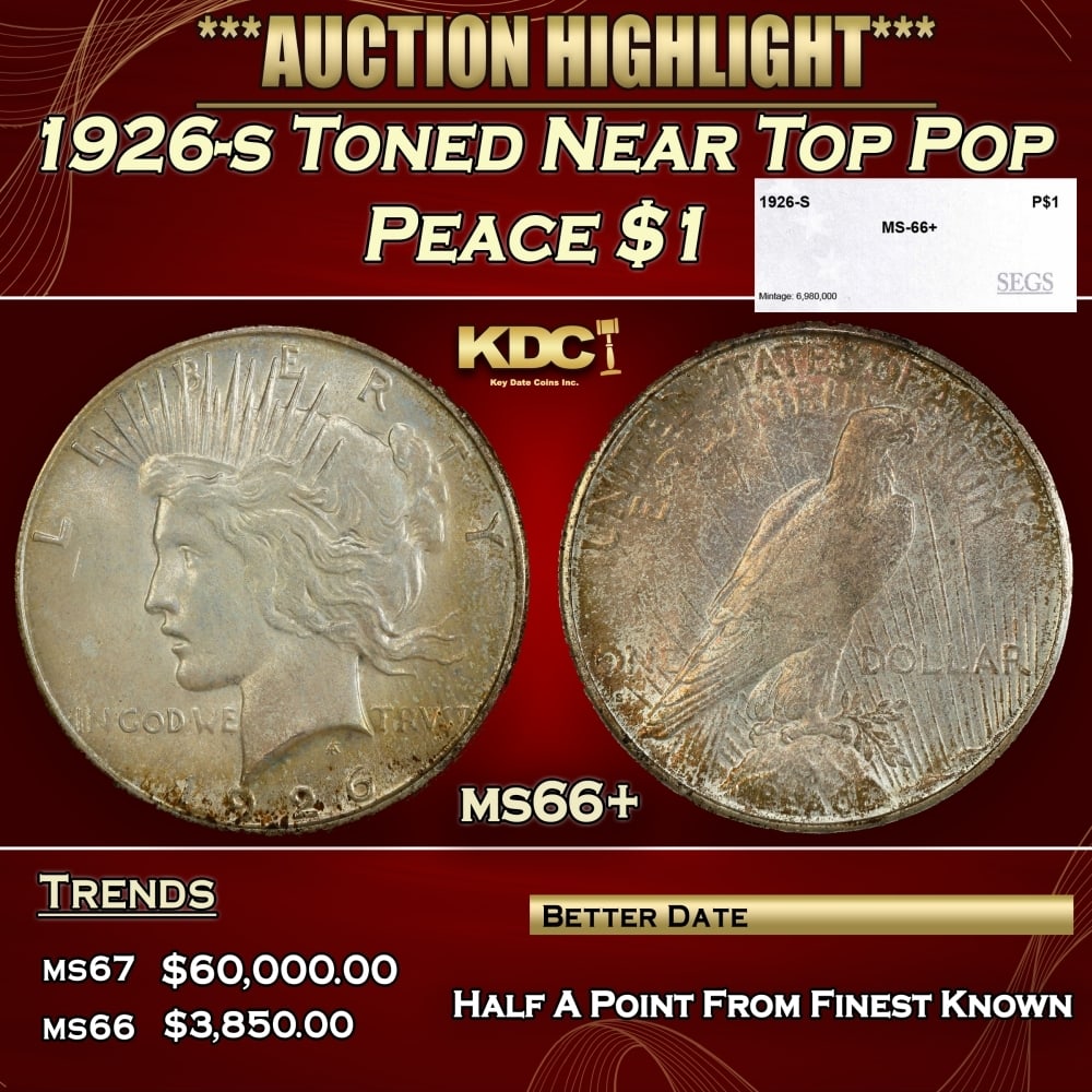 1926-s Peace Dollar Toned Near Top Pop $1 ms66+ SEGS: 1926-s Toned Near Top Pop Peace Dollar $1 ms66+ SEGS. 0