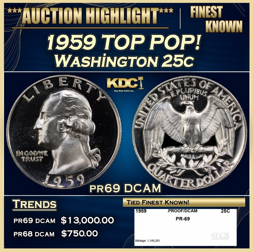 1959 Proof Washington Quarter TOP POP! 25c pr69 DCAM SEGS: 1959 TOP POP! Washington Quarter 25c pr69 DCAM SEGS. 0
