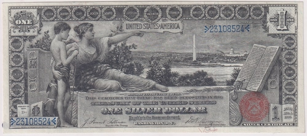 1896 Tillman/Morgan $1 large size Silver Certificate Grades xf+: 1896 Tillman/Morgan $1 large size Silver Certificate Grades xf+.