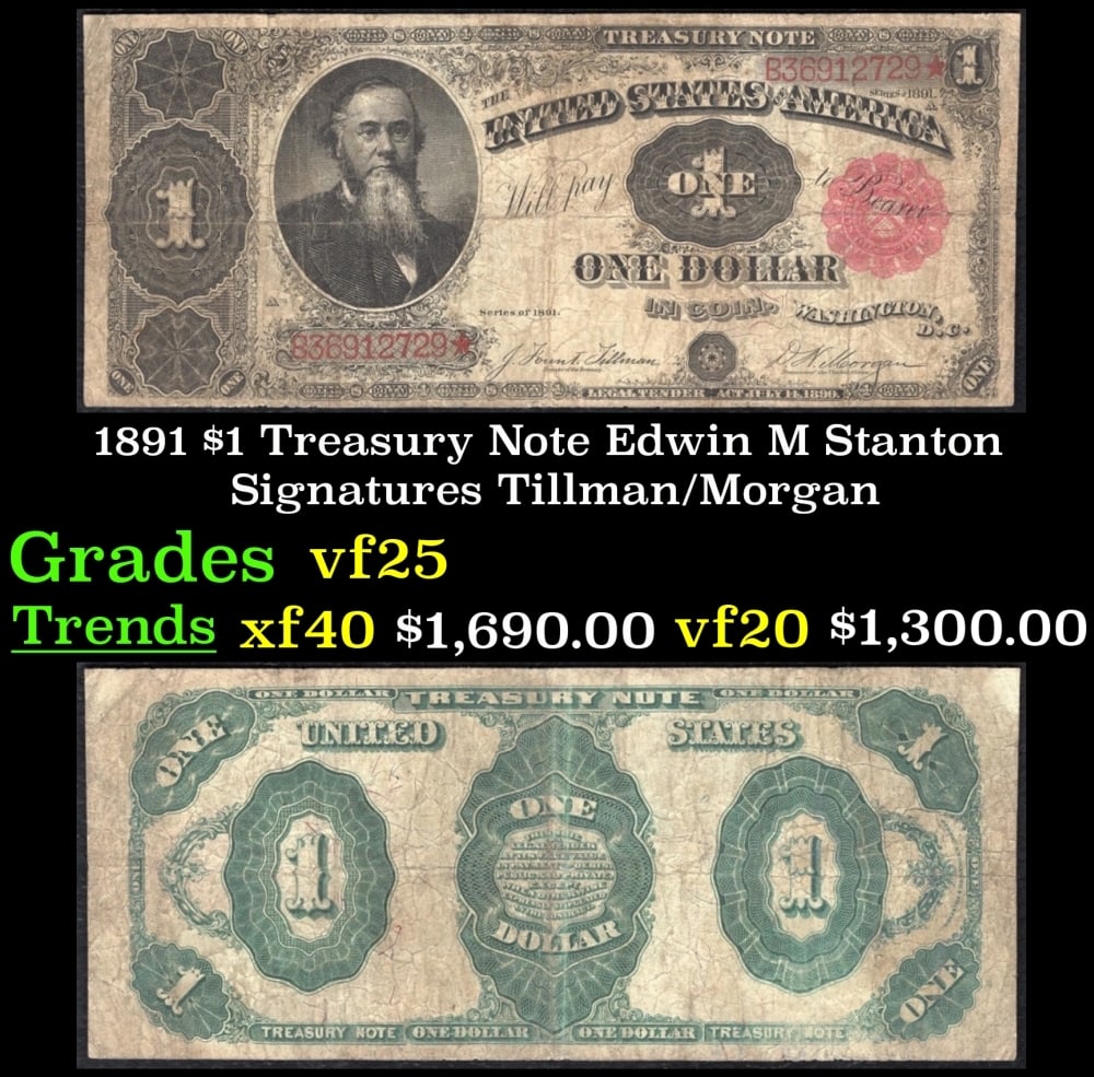 1891 Tillman/Morgan $1 Treasury Note Grades vf+: 1891 Tillman/Morgan $1 Treasury Note Grades vf+.