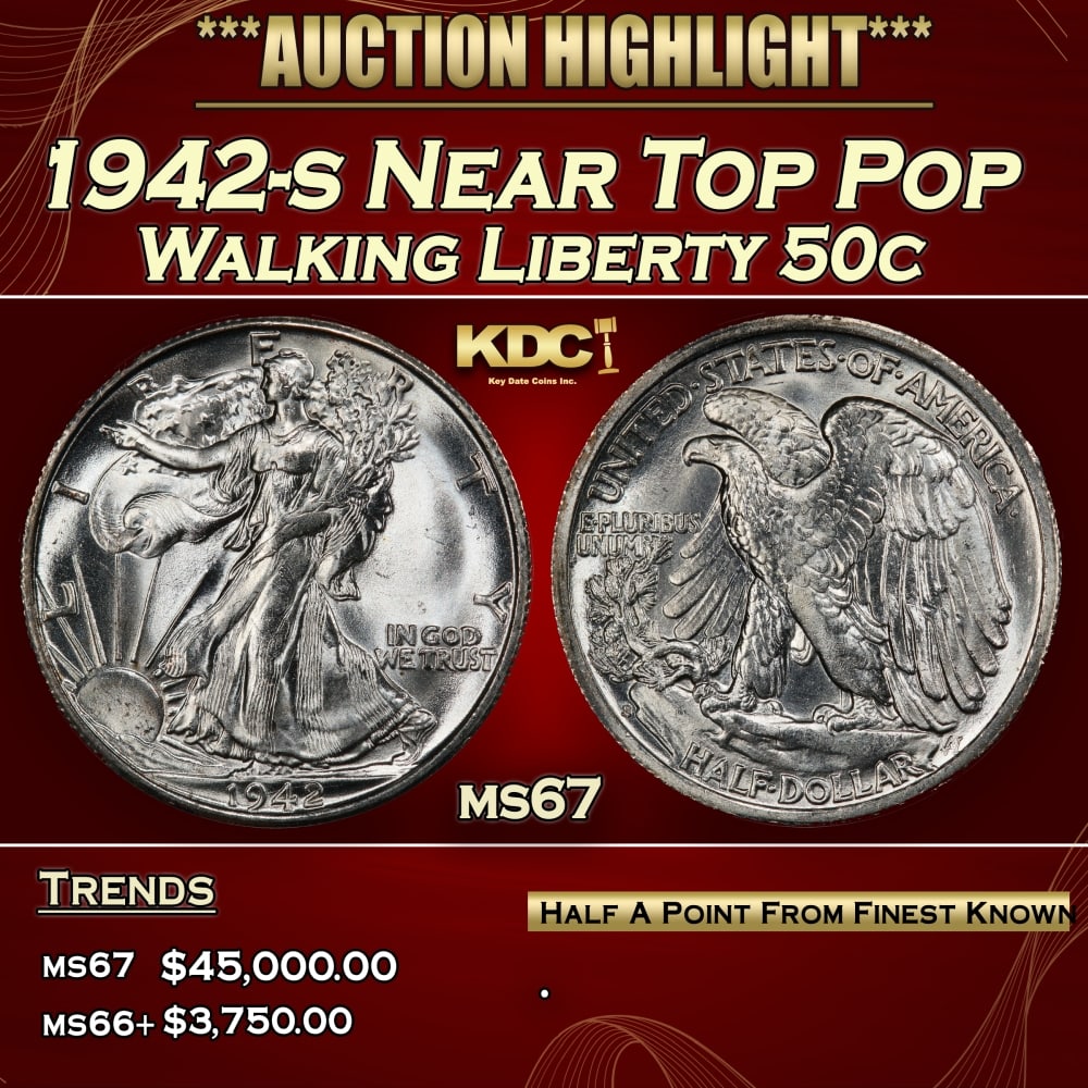 1942-s Walking Liberty Half Dollar Near Top Pop 50c ms67 SEGS: 1942-s Near Top Pop Walking Liberty Half Dollar 50c ms67 SEGS.