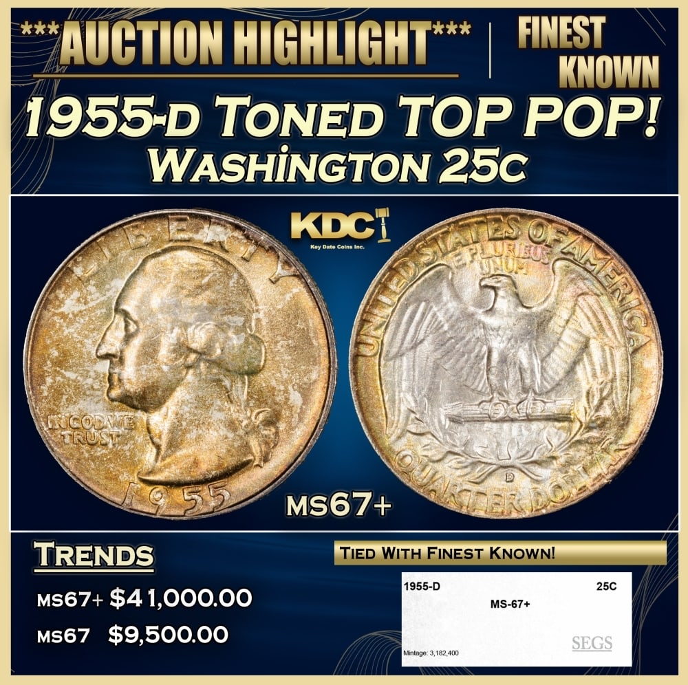 1955-d Washington Quarter Toned TOP POP! 25c ms67+ SEGS: 1955-d Toned TOP POP! Washington Quarter 25c ms67+ SEGS. 0
