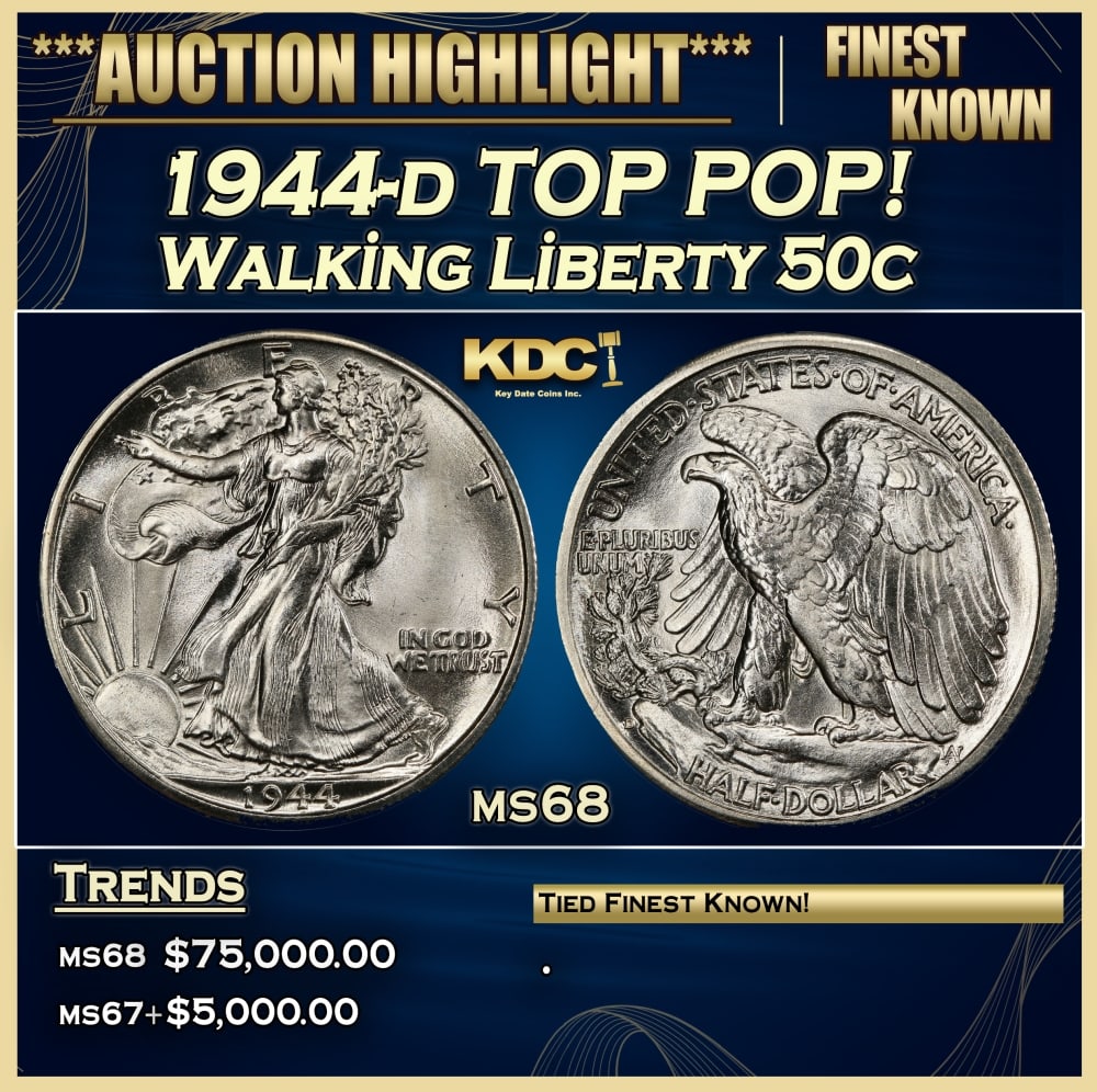 1944-d Walking Liberty Half Dollar TOP POP! 50c ms68 SEGS: 1944-d TOP POP! Walking Liberty Half Dollar 50c ms68 SEGS.