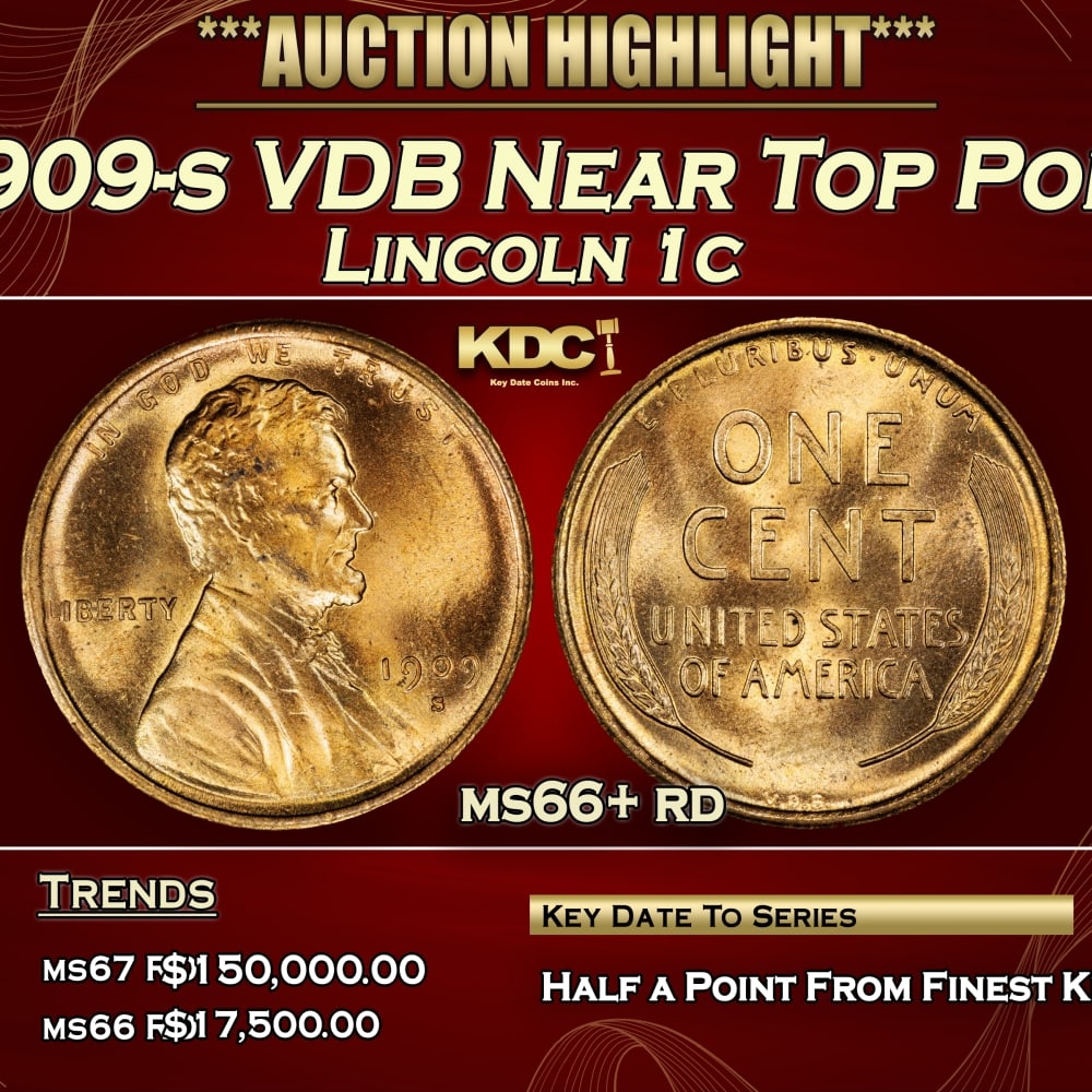1909-s VDB Lincoln Cent Near Top Pop 1c ms66+ rd SEGS: 1909-s VDB Near Top Pop Lincoln Cent 1c ms66+ rd SEGS. Key Date to the series and a true numismatic rarity and perhaps he most well known coin outside numismatists. 0