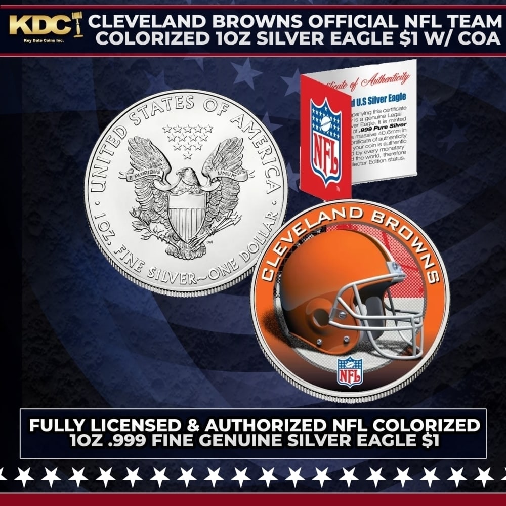 Cleveland Browns Official NFL Team Colorized 1oz Silver Eagle $1 w/ COA Other Toy: Cleveland Browns Official NFL Team Colorized 1oz Silver Eagle $1 w/ COA. This is your chance to own a fully licensed & authorized NFL colorized .999 Fine Silver Eagle $1 coin, beautifully enhanced wit