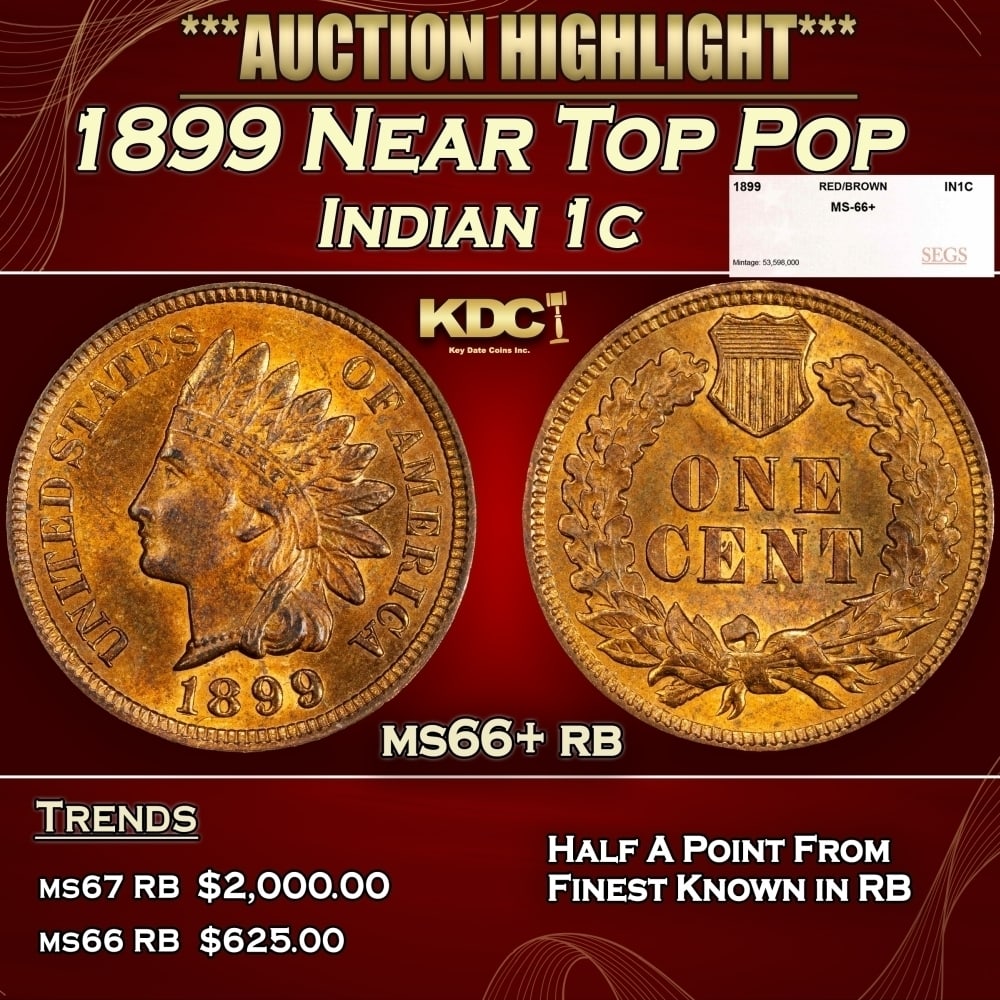 1899 Indian Cent Near Top Pop 1c ms66+ rb SEGS: 1899 Near Top Pop Indian Cent 1c ms66+ rb SEGS. 0