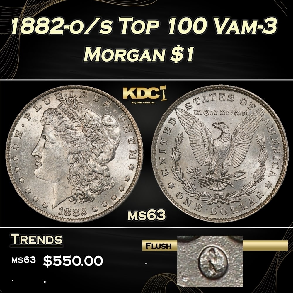 1882-o/s Top 100 Morgan Dollar Vam-3 $1 Grades ms63: 1882-o/s Top 100 Vam-3 Morgan Dollar $1 Grades ms63. 0