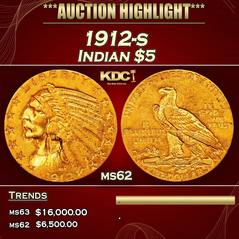 1912-s Gold Indian Half Eagle $5 ms62 USCG (1 of 3)