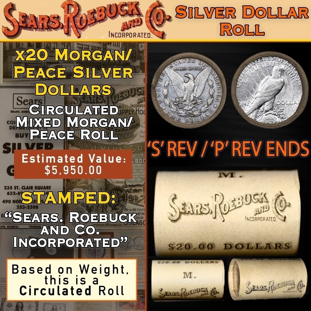20 Mixed Morgan/Peace SEARS Dollar Roll Circ Morgan 'S' Rev/Peace 'P' Rev Ends: 20 Mixed Morgan/Peace SEARS Dollar Roll Circ Morgan 'S' Rev/Peace 'P' Rev Ends. Up For Auction is a 92- 20 Mixed Morgan/Peace SEARS Dollar Roll Circ Morgan 'P' Rev/Peace 'P' Rev Ends Roll Weighing 536