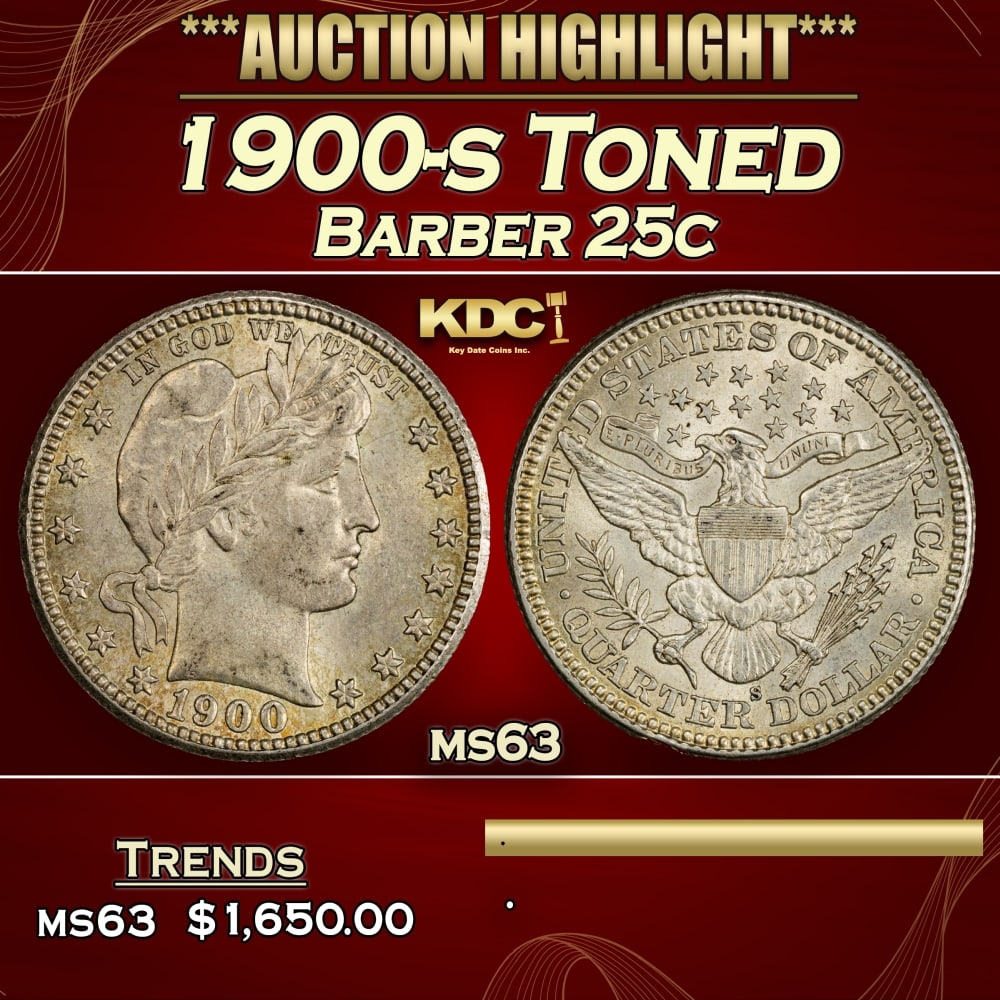 1900-s Barber Quarter Toned 25c ms63 USCG (1 of 3)